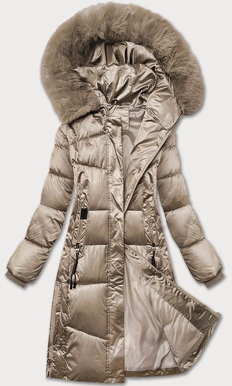 Zimowa pikowana kurtka plus size z kapturem S'west beżowa (B8267-12)