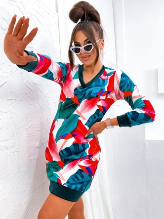 Welurowa sukienka w liście zielony/czerwony (8268)