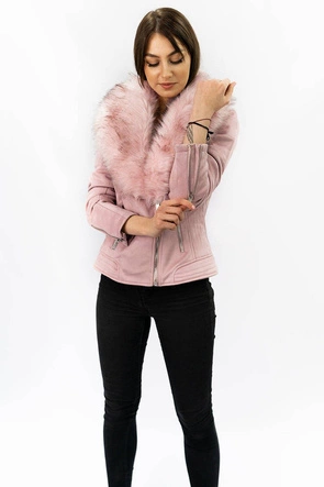 Zamszowa ramoneska damska z futerkiem pudrowy róż (6502)