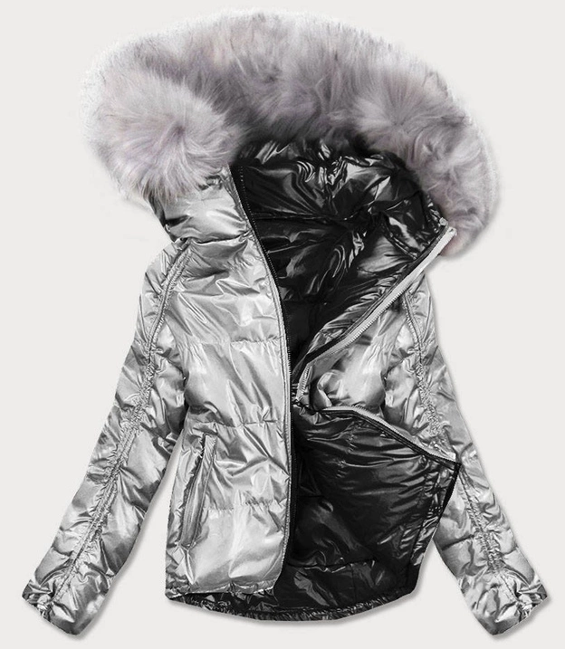 DWUSTRONNA METALICZNA KURTKA DAMSKA SREBRNO-CZARNA (GWW1908)