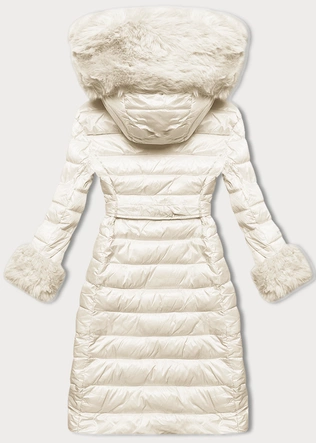 Puchowy płaszcz damski na guziki ecru (5M3160/1-254)