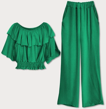 KOMPLET LUŹNE SPODNIE I BLUZKA HISZPANKA ZIELONY (8990)