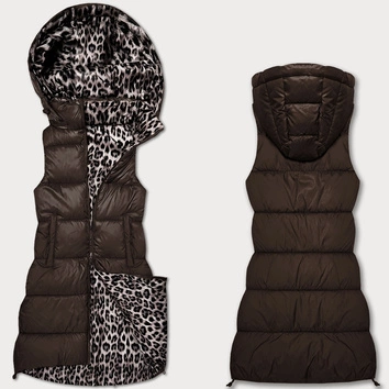Gruba kamizelka dwustronna z odpinanym kapturem czekolada-panterka (T5-2602#-103)