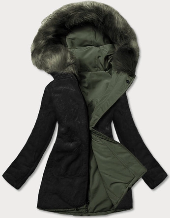 Ciepła kurtka zimowa damska dwustronna khaki-czarna (w610)