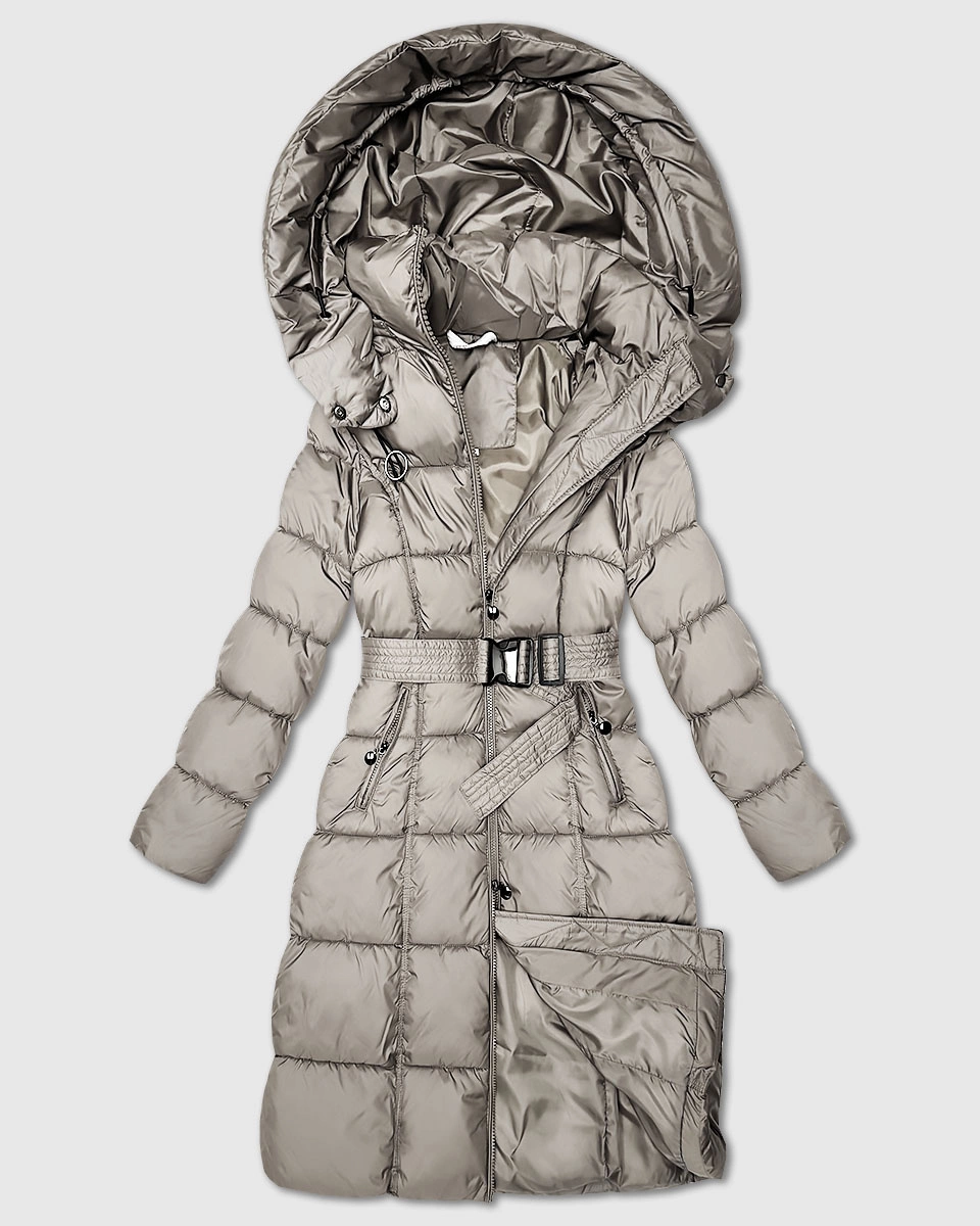 Długa gruba kurtka zimowa z paskiem Minority beżowa (P3-6033-62)