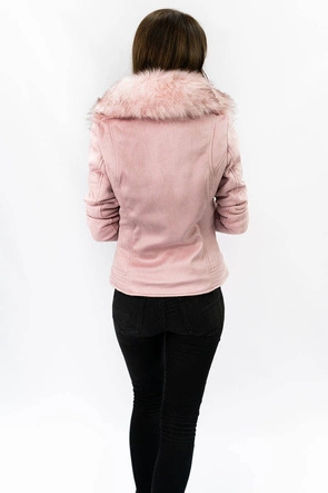 Zamszowa ramoneska damska z futerkiem pudrowy róż (6502)