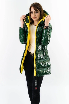 BŁYSZCZĄCA ZIMOWA KURTKA DAMSKA ZIELONO-ŻÓŁTA (R9545)