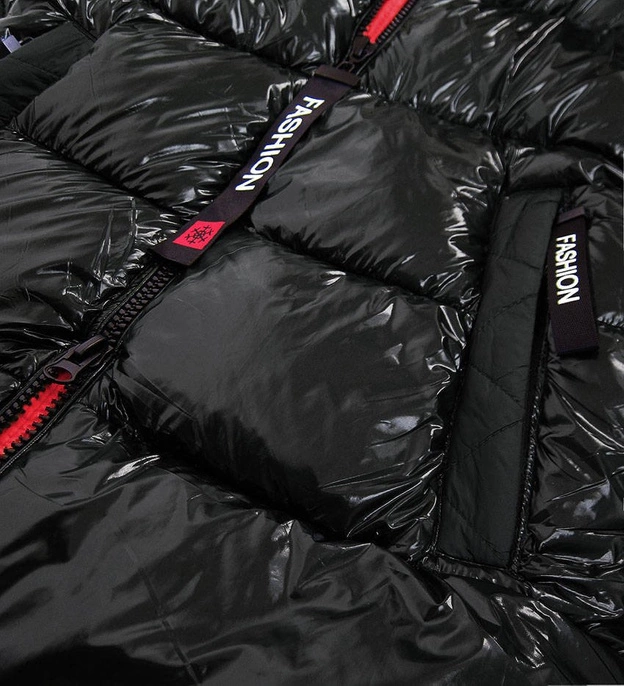 BŁYSZCZĄCA ZIMOWA KURTKA DAMSKA CZARNO-CZERWONA (R9545)