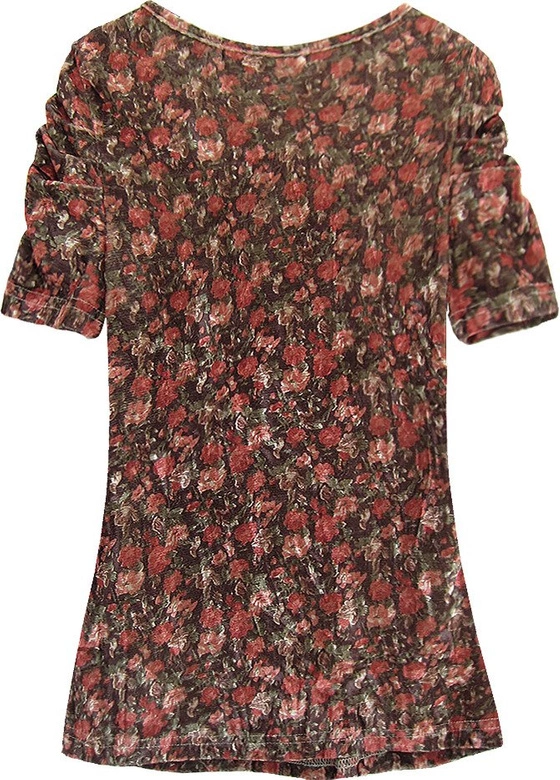 WELUROWA BLUZKA W KWIATY BRĄZOWO-CZERWONA (3682/2)