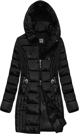 DŁUŻSZA DAMSKA KURTKA Z KAPTUREM CZARNA (B2620-30)