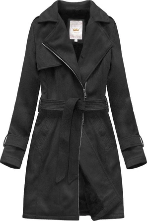 ZAMSZOWY DAMSKI PŁASZCZ ZIMOWY Z PASKIEM CZARNY/SZARY (6515)