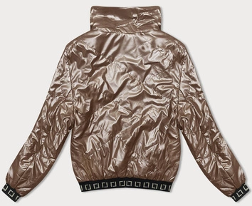 Krótka błyszcząca kurtka damska ze stójką cappucino (5M3195)