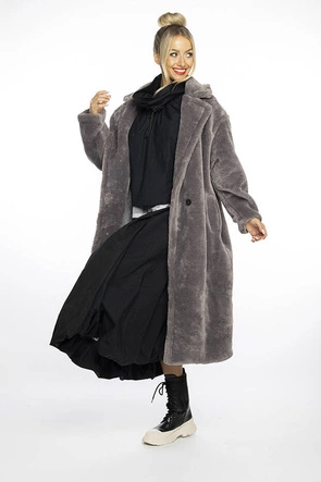 Pluszowy płaszcz damski oversize Ann Gissy szary (AG1-J9172)