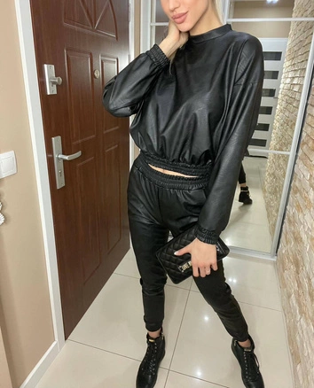ELEGANCKI KOMPLET DAMSKI BLUZKA + SPODNIE EKOSKÓRA CZARNY (666ART)