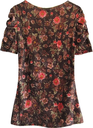 WELUROWA BLUZKA W KWIATY BRĄZOWO-ZIELONA (3682/9)