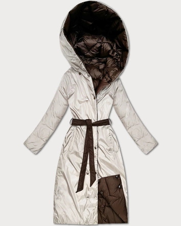 Dwustronny pikowany płaszcz przejściowy do kolan Minority czekoladowy-beż (M6-6015-103+62)