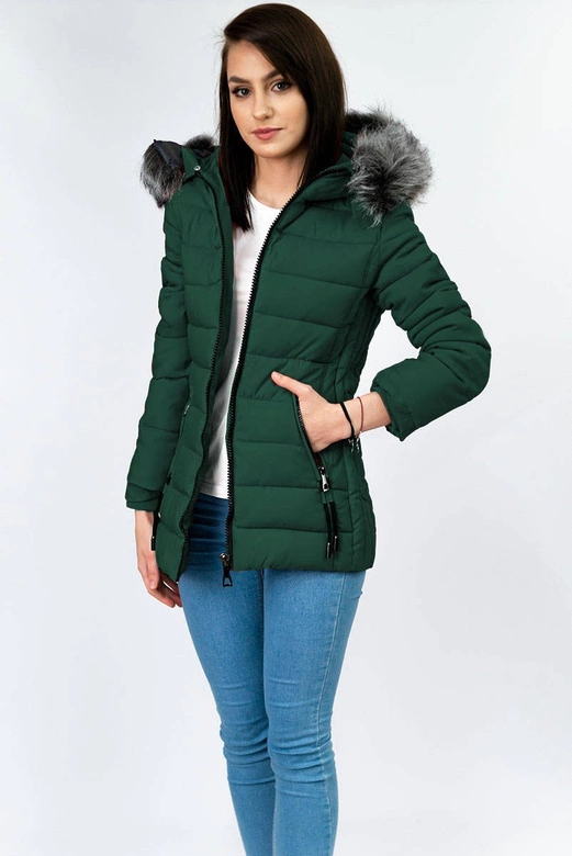 PIKOWANA DAMSKA KURTKA ZIMOWA Z KAPTUREM BUTELKOWA ZIELEŃ (XB9503X)