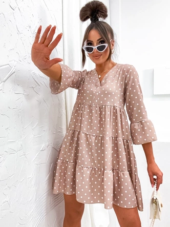 Sukienka w groszki z falbanami beżowa (706)