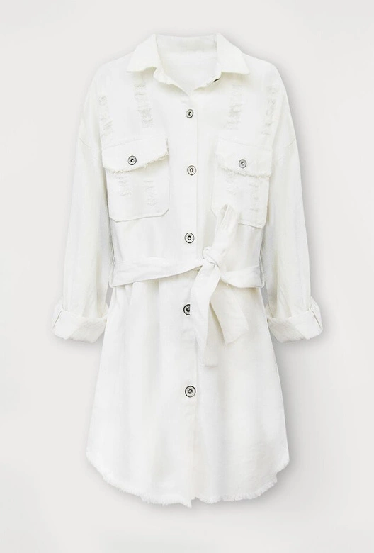 CIENKA JEANSOWA KURTKA DAMSKA Z PRZETARCIAMI ECRU (581ART)