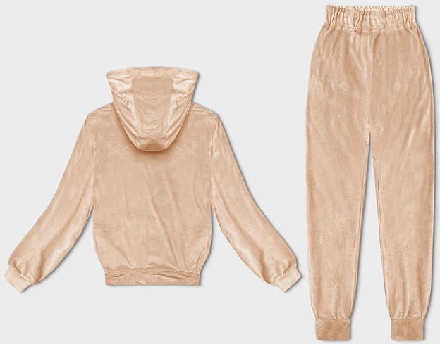 Welurowy dres damski z kapturem brzoskwiniowy (8C1175-150)