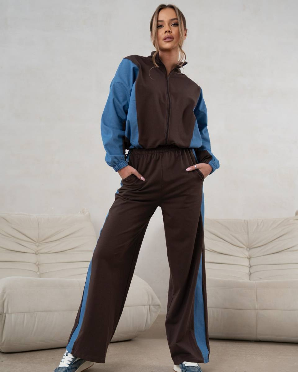 Komplet dresowy bluza na zamek + spodnie wide leg czekoladowo-niebieski (821151)