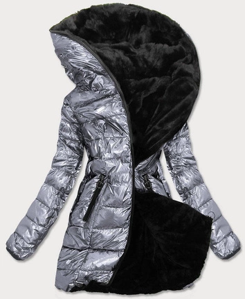 BŁYSZCZĄCA DWUSTRONNA KURTKA DAMSKA SREBRNA (B9543-13)