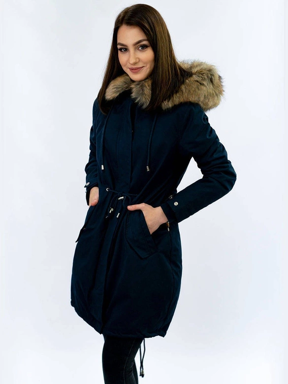 Zimowa damska parka z podpinką i kapturem granatowa (7626)