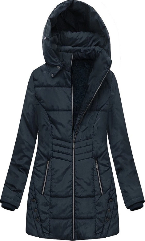DŁUŻSZA PIKOWANA KURTKA DAMSKA Z KAPTUREM GRANATOWA (B2625-30)