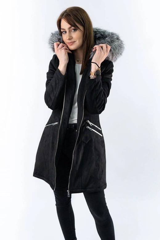 ZAMSZOWA DAMSKA KURTKA ZIMOWA Z KAPTUREM CZARNA (6516)