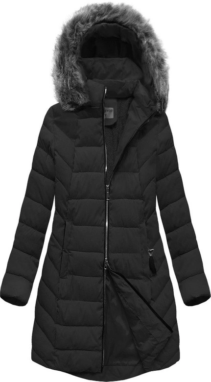 DŁUŻSZA ZIMOWA KURTKA DAMSKA Z KAPTUREM CZARNA (B2646)