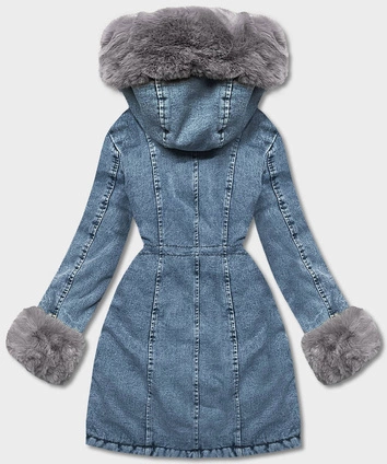 Damska kurtka jeansowa na futrzanej podszewce niebieski/szary (R8068-5009)