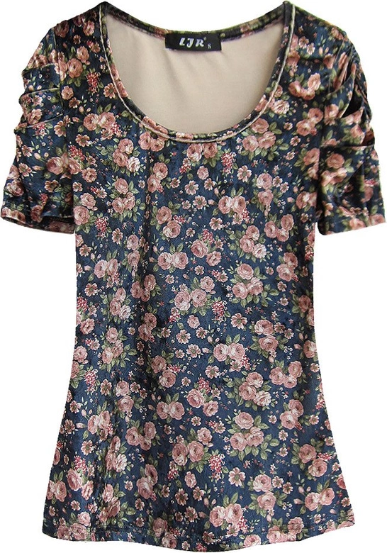 WELUROWA BLUZKA W KWIATY GRANATOWO-ŁOSOSIOWA (3682/4)