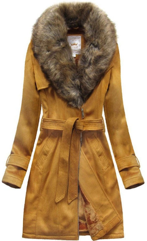 ZAMSZOWY DAMSKI PŁASZCZ ZIMOWY Z PASKIEM MUSZTARDOWY (6515)