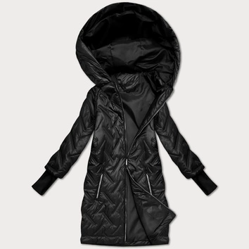 Pikowana kurtka z kapturem fason trapez czarna (T2-2290#-1)