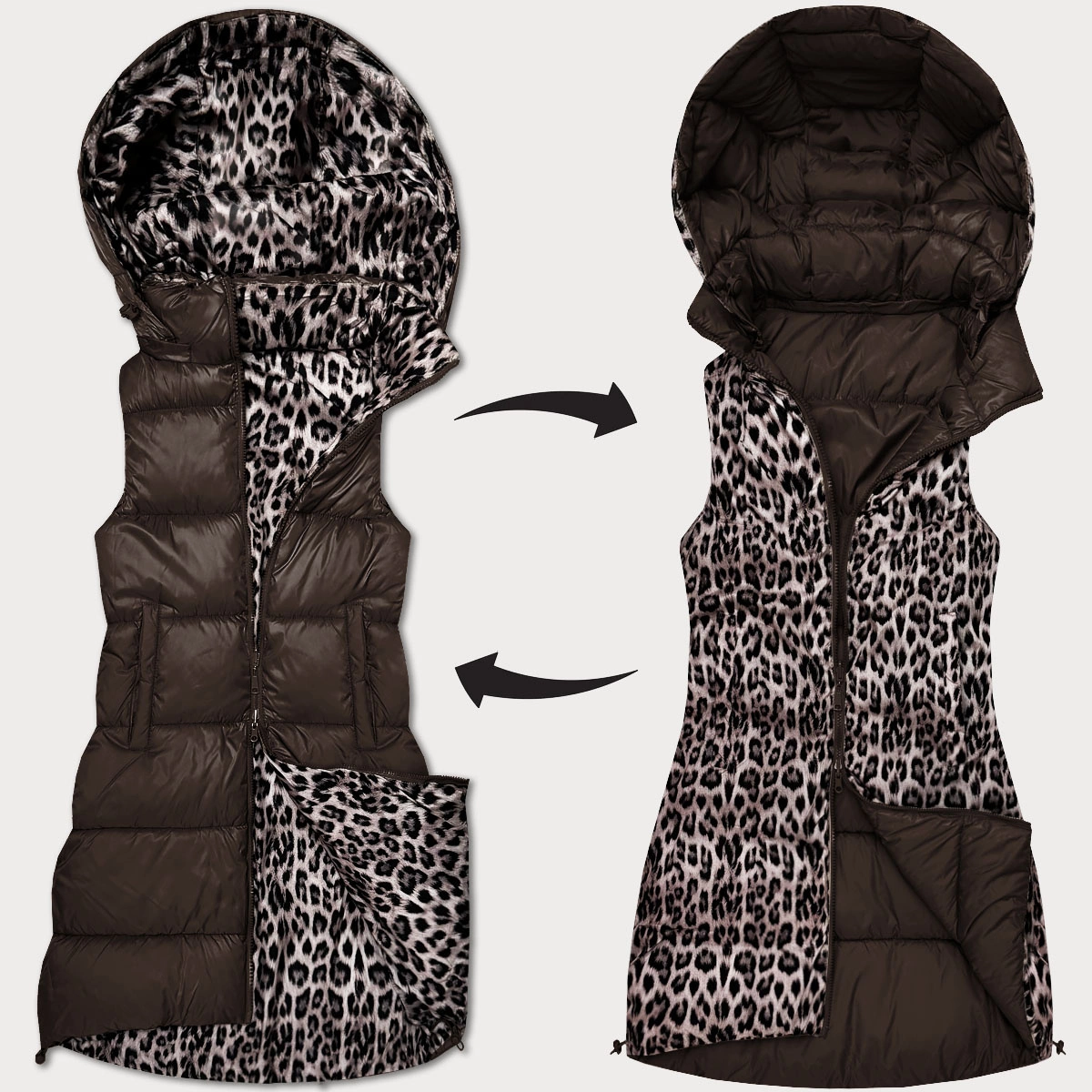 Gruba kamizelka dwustronna z odpinanym kapturem czekolada-panterka (T5-2602#-103)