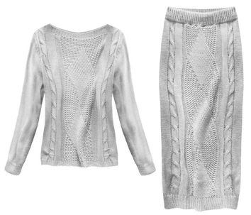 KOMPLET A'LA WEŁNIANY SWETER+SPÓDNICA JASNOSZARY (159ART)