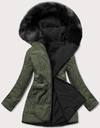 Ciepła kurtka zimowa damska dwustronna czarna/khaki (w610)