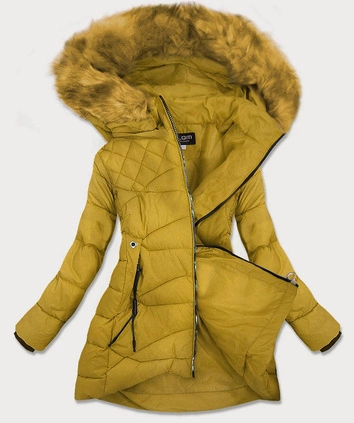 PIKOWANA DAMSKA KURTKA Z KAPTUREM MUSZTARDOWA (808)