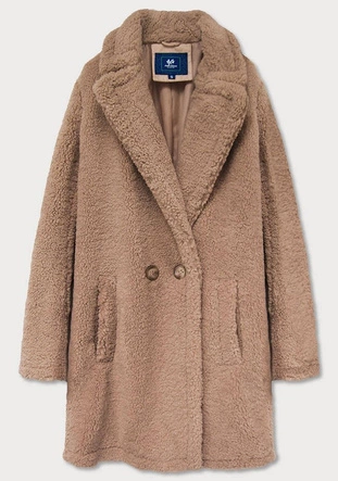 PLUSZOWY DAMSKI PŁASZCZ Z KIESZENIAMI BEŻOWY (9343)