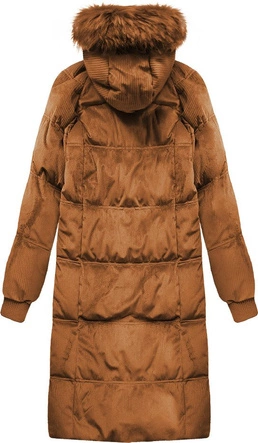 Zimowa sztruksowa kurtka damska z kapturem karmelowa (7763)