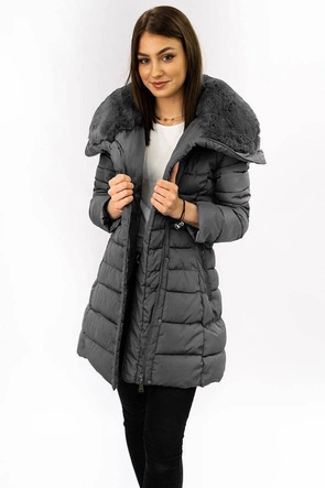 DŁUGA KURTKA DAMSKA ZIMOWA Z KAPTUREM GRAFITOWA (B1068-30)