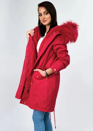 Damska parka zimowa z podpinką i kapturem czerwona (7600)