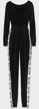 DŁUGI KOMBINEZON WELUROWY Z LAMPASAMI I NADRUKIEM CZARNY (647ART)