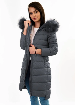 Pikowana damska kurtka z kapturem ciemnoszara (7754)