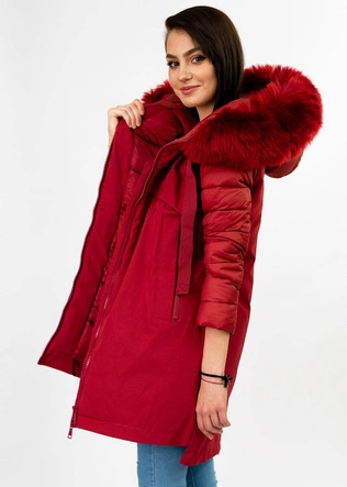 ZIMOWA KURTKA DAMSKA Z ŁĄCZONYCH MATERIAŁÓW CZERWONA (7708)