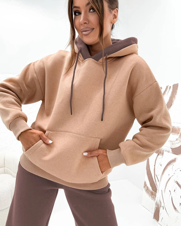 Gruby dwukolorowy dres damski czekoladowy (VE102)