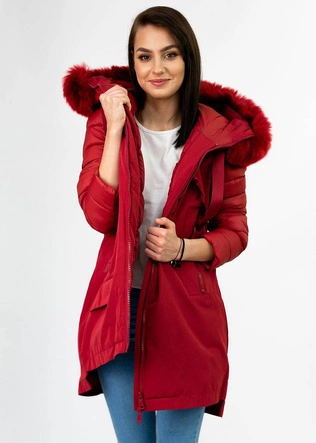 ZIMOWA KURTKA DAMSKA Z ŁĄCZONYCH MATERIAŁÓW CZERWONA (7708)