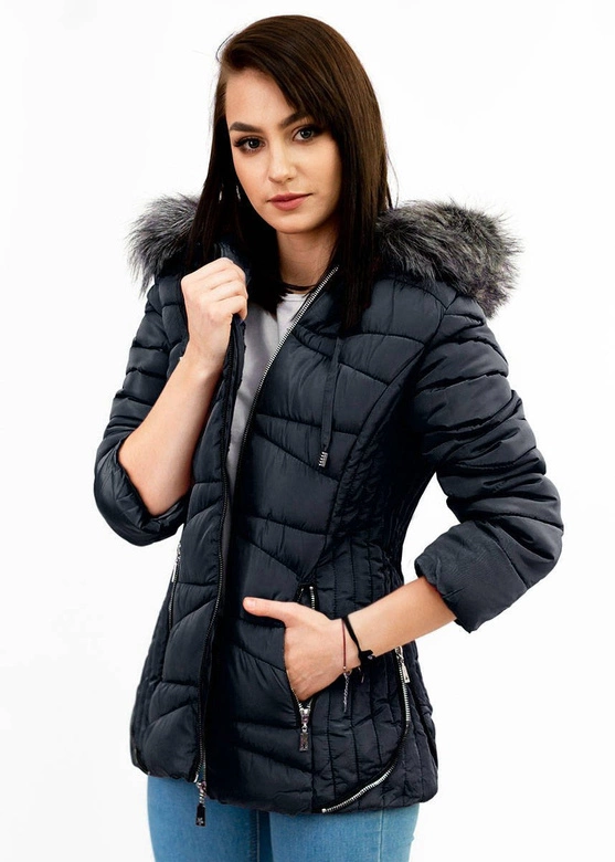 PIKOWANA ZIMOWA KURTKA DAMSKA Z KAPTUREM GRANATOWA (B2631)