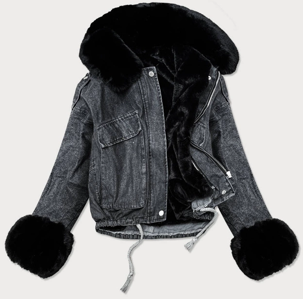 DAMSKA KURTKA JEANSOWA Z FUTRZANĄ PODPINKĄ CZARNA (9020#)