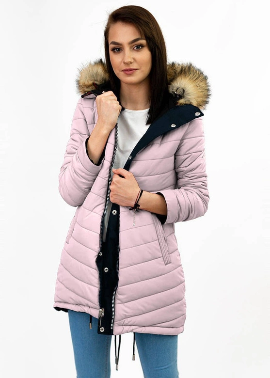 Dwustronna damska kurtka zimowa z kapturem granatowo-różowa (w211)